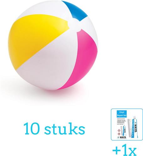 Intex Opblaasbare Strandbal Glossy - Medium - 61 cm - 59030NP - Diameter 61 cm - 10 stuks - Voordeelverpakking - Inclusief WAYS Reparatiesetje (1 stuks)