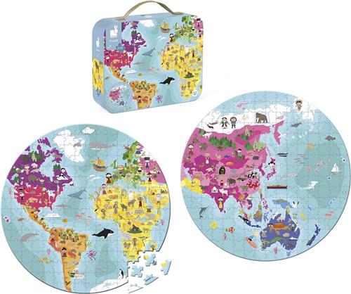 Janod - Puzzel De Wereld (Dubbelzijdig!) - In Puzzelkoffer - 208 Stukjes - Geschikt Vanaf 6 Jaar