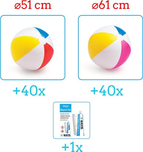 Intex Opblaasbare Strandballen - Strandbal Voordeelverpakking - 2 x 40 stuks - Strandbal Jumbo - Diameter 51 en 61 cm - Ideal voor Festivals - Inclusief handig Reparatiesetje