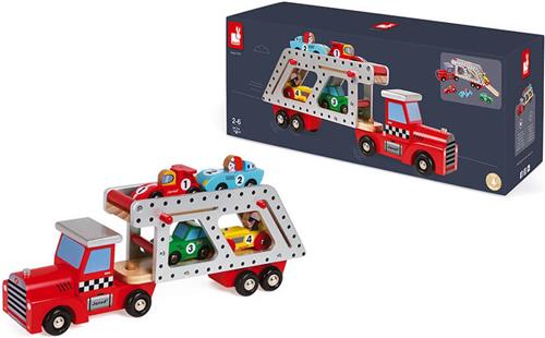 Janod Story - Autotransporter Vrachtwagen - Houten Vrachtwagen Inclusief 2 Raceauto's Op Elk Niveau, 4 Auto's In Totaal - Geschikt Vanaf 2 Jaar