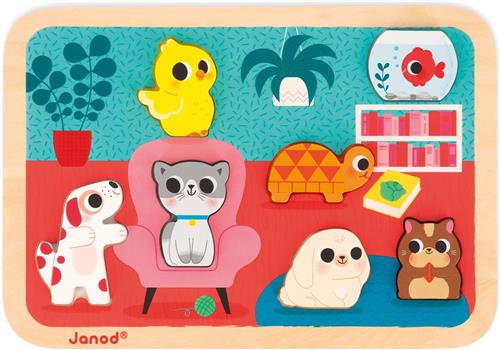Janod Chunky Puzzel - Huisdieren - 7 Dieren Puzzelstukjes In 3D Met Een Dikte Van 1,5 Cm - Geschikt Vanaf 18 Maanden