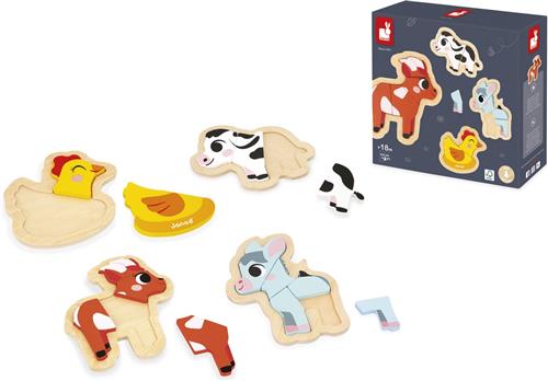 Janod - Puzzel Boerderijdieren - Houten Puzzelset Met 4 Puzzels, Variërend Van 2 Tot 5 Stukjes - Perfect Voor Het Ontwikkelen Van De Fijne Motoriek En Coördinatie! - Geschikt Vanaf 18 Maanden