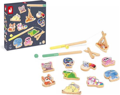Janod Applepop - Visspel Grijpspel - Bevat 10 Dieren Om Te Grijpen, 2 Houten Tangen En 1 Katoenen Zak - Stimuleert Het Ontwikkelen Van Behendigheid En Coördinatie - Geschikt Vanaf 3 Jaar