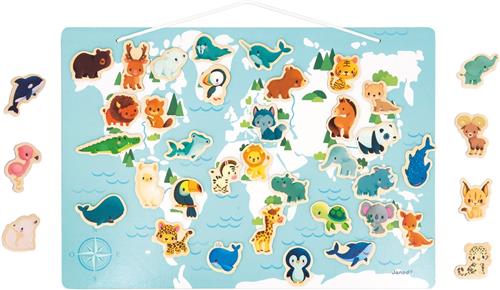 Janod Magneetbord - De Wereld - Plaats De 40 Dierenmagneten Op De Juiste Plaats Op De Magnetische Wereldkaart - Geschikt Vanaf 2 Jaar
