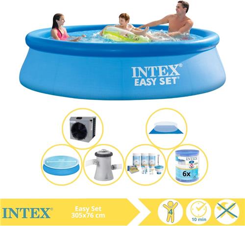 Intex Easy Set Zwembad - Opblaaszwembad - 305x76 cm - Inclusief Solarzeil, Onderhoudspakket, Zwembadpomp, Filter, Grondzeil en Warmtepomp CP