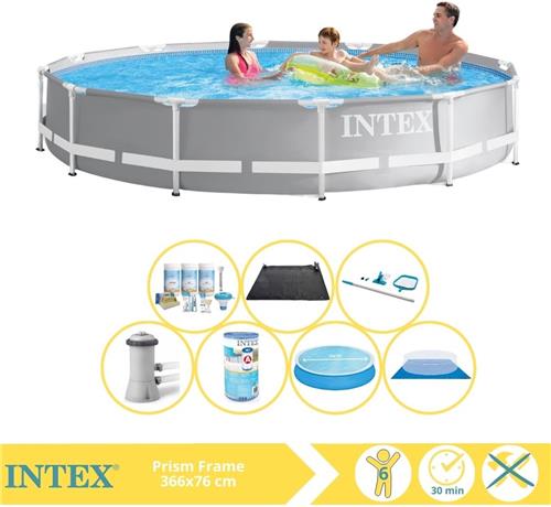 Intex Prism Frame Zwembad - Opzetzwembad - 366x76 cm - Inclusief Solarzeil, Onderhoudspakket, Zwembadpomp, Filter, Grondzeil, Onderhoudsset en Solar Mat
