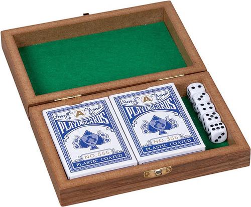 Goki Houten Speelkaartenbox met 5 Dobbelstenen en 2 Sets kaarten