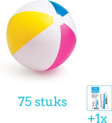 Intex Opblaasbare Strandbal Glossy - Medium - 61 cm - 59030NP - Diameter 61 cm - 75 stuks - Voordeelverpakking - Inclusief WAYS Reparatiesetje (1 stuks)