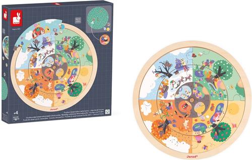 Janod - Observatie puzzel Tuin - Ideaal Voor Het Leren Van Het Begrip Tijd En De Seizoenen - 2 In 1: Dubbelzijdige Puzzel En Een Zoek-En-Vind Spel - Geschikt Vanaf 4 Jaar