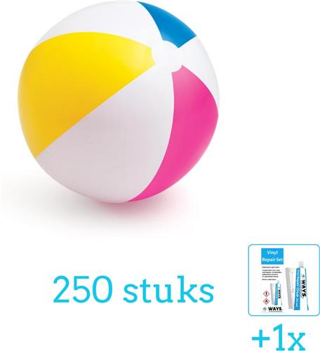 Intex Opblaasbare Strandbal Glossy - Medium - 61 cm - 59030NP - Diameter 61 cm - 250 stuks - Voordeelverpakking - Inclusief WAYS Reparatiesetje (1 stuks)