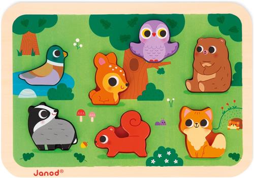 Janod Chunky Puzzel - Bosdieren - 7 Dieren Puzzelstukjes In 3D Met Een Dikte Van 1,5 Cm - Geschikt Vanaf 18 Maanden