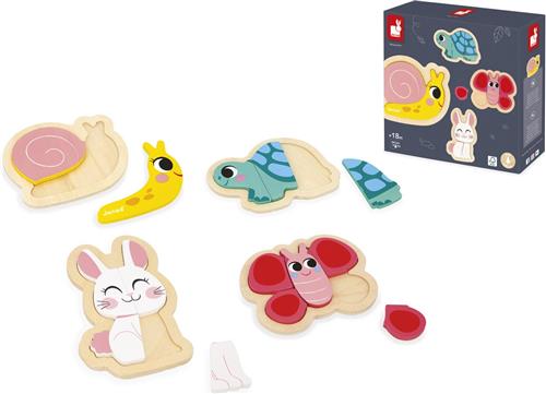 Janod - Puzzel Tuin - Houten Puzzelset Met 4 Puzzels, Variërend Van 2 Tot 5 Stukjes - Perfect Voor Het Ontwikkelen Van De Fijne Motoriek En Coördinatie! - Geschikt Vanaf 18 Maanden