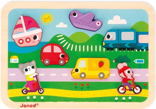 Janod Chunky Puzzel - Voertuigen - 7 Dieren Puzzelstukjes In 3D Met Een Dikte Van 1,5 Cm - Geschikt Vanaf 18 Maanden