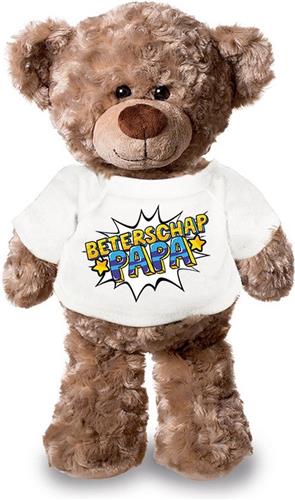 Beterschap papa pluche teddybeer knuffel 24 cm met wit pop art t-shirt - beterschap papa / cadeau knuffelbeer