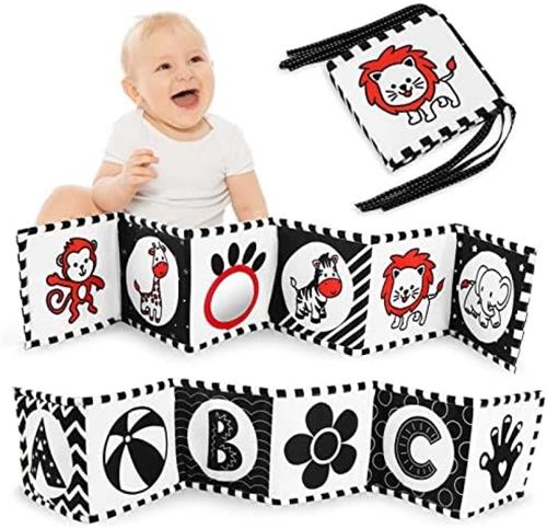 Selbro ® Baby Stoffen Boek - Zintuiglijke Ontwikkeling, Badboek, Speelboek met Ritselgeluid - Ideaal Cadeau voor Pasgeborenen (Zwart-Wit)