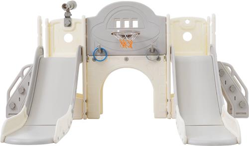 Merax 8-in-1 Glijbaanset met Klimmuur  Dubbele Glijbanen, Basketbalring, Ringwerpen, Telescoop en Opbergruimte  Grijs met Wit  Speeltoestel voor Binnen en Buiten