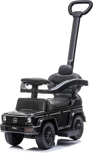 sun baby Duwauto voor kinderen, loopauto Mercedes Benz G met vergunning vanaf 12 maanden met stuur met geluid, kunststof stoel en wielen, duwstang, opbergvak onder stoel, nepreservewiel (Zwart)