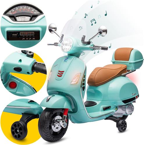Vespa Elektrische motorfiets, kindermotorfiets met plastic wielen en stoel, kofferbak, MP3-speler, USD MicroSD AUX-aansluiting (Turkoois)