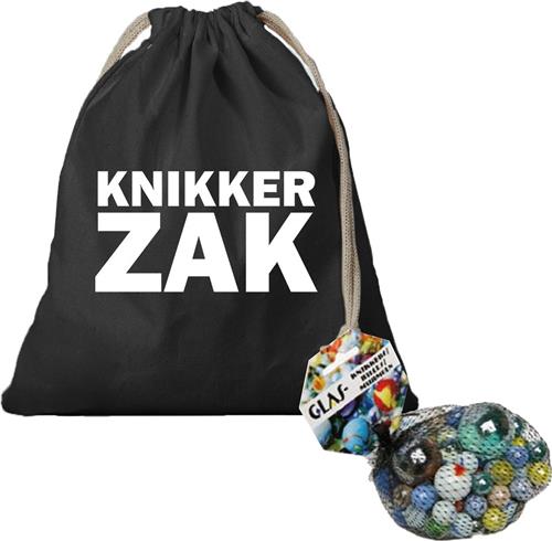 Canvas knikker opbergzakje zwart bedrukt met Knikkerzak en 79 knikkers en bonken - Knikkerspel