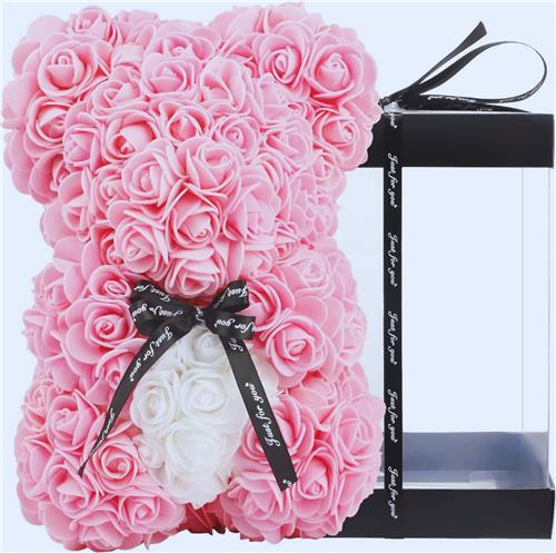 Handgemaakte Rozenbeer - Cadeau Voor Haar - Vriendinnen - Vrouwen - Transparante Geschenkdoos - 25,4 Cm (Lichtroze)