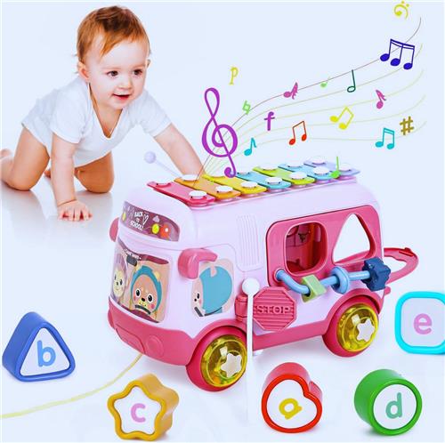 Muzikale Speelbus Voor Babymeisjes  Educatief Speelgoed Met Xylofoon & Vormen - 12-18 Maanden