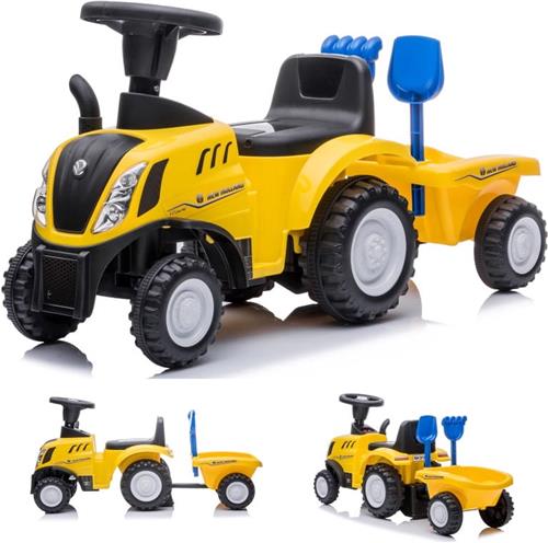 Loopauto Kinderschuifauto New Holland, tractor met aanhanger, kindervoertuig loopauto met claxon, kunststof (Geel)