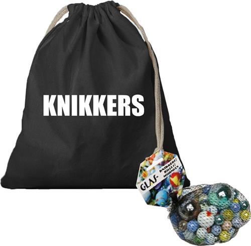 Canvas knikkers opbergzakje zwart bedrukt met knikkers en 79 knikkers en bonken - Knikkerspel