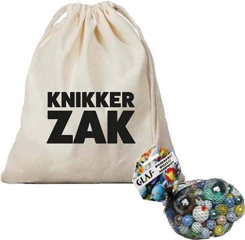Canvas knikker opbergzakje offwhite bedrukt met Knikkerzak en 79 knikkers en bonken - Knikkerspel