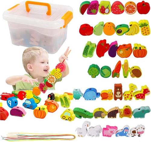 Vormenstoof - Rijgen speelgoed educatief dier fruit oceaan thema - Montessori speelgoed - Geschenken voor kinderen peuters - 2 3 4 5 jaar - 42 stuks kralen blokken - Geel