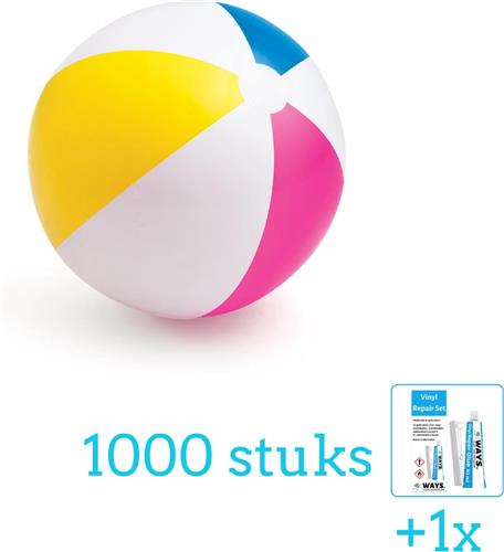 Intex Opblaasbare Strandbal Glossy - Medium - 61 cm - 59030NP - Diameter 61 cm - 1000 stuks - Voordeelverpakking - Inclusief WAYS Reparatiesetje (1 stuks)