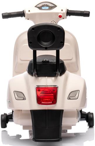 Vespa Elektrische motorfiets, kindermotorfiets met claxon, gaspedaal, licht, zijwielen (Wit met rugleuning)