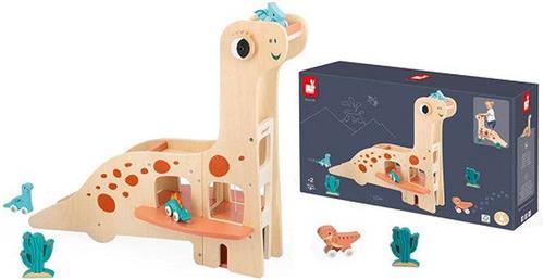 Janod Dino - Garage - Een Houten Garage Voor Dinosaurusliefhebbers! - 50 Cm Hoog - 4 Rollende Houten Dinosaurussen En 2 Cactussen - Geschikt Vanaf 2 Jaar