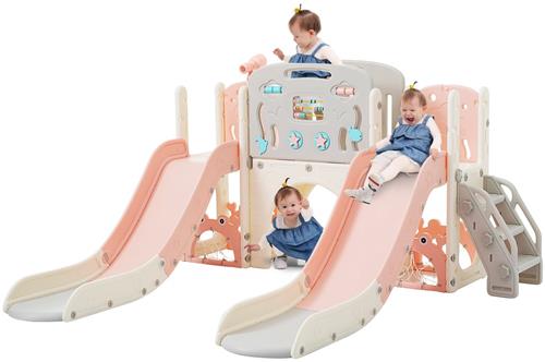 Merax 8-in-1 Kinderspeeltuin Set - Speeltoestel met Glijbanen - Tunnel - Basketbalstand en Klimrek - Voor Binnen en Buiten - Baby Roze - HDPE - 197x167x98 cm