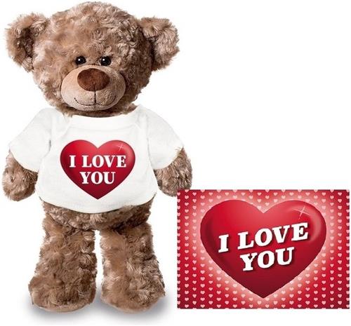 Knuffel teddybeer I love you hartje 24 cm met Valentijnskaart A5 - Valentijn/ romantisch cadeau