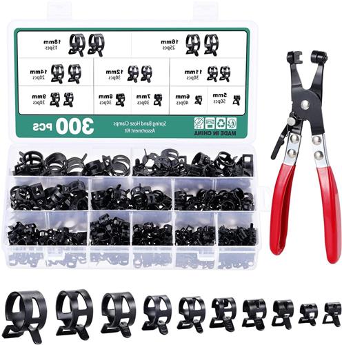 Inovra - Verstelbare veerklemmen voor brandstofslang - 300 stuks, 10 maten 5-18mm - Inclusief houdertang