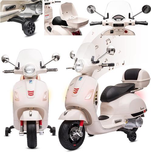 Vespa Elektrische motorfiets, kindermotorfiets met plastic wielen en stoel, kofferbak, MP3-speler, USD MicroSD AUX-aansluiting (Wit)