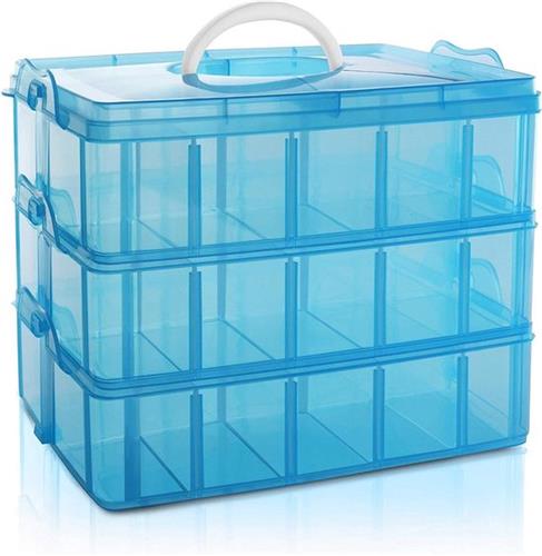 Blauw Plastic Opslag Doos - 3 Laags - Stapelbaar - Aanpasbare Compartiment Sleuven - Maxi 30 Compartimenten - Voor Speelgoed Juwelen Hobby Kunst - Opslag Container