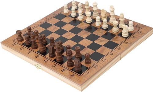 JGS Premium - Houten Schaakspel 3-in-1 met Vouwbaar Schaakbord - Klassiek Bordspel voor Familieplezier - 70 karakters
