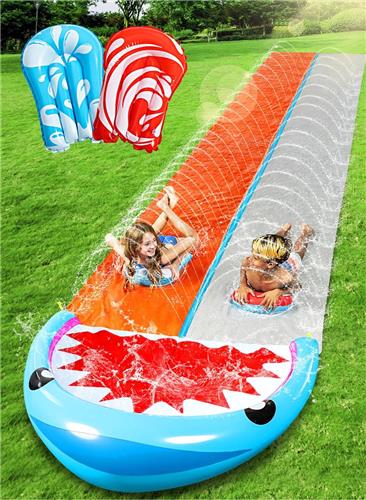 Unyqoos® Spektakel Dubbele Waterglijbaan van 685,8 cm met Inclusief Opblaasbare Planken en Sprinklers voor Tuinplezier