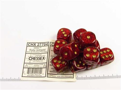 Chessex Glitter Robijn/goud D6 16mm Dobbelsteen Set (12 stuks)