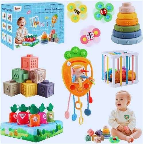 6-In-1 Sensorisch & Motorisch Babyspeelgoed  Educatief Speelplezier Vanaf 6 Maanden Met Siliconen Trekkoord En Stapelvormen