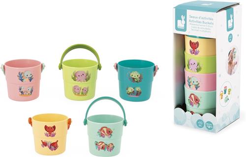 Janod Badspeelgoed - Bademmers Met Babydieren - Set Van 5 Kleurrijk Geïllustreerde Emmertjes Met Zeedieren En Cijfers - Geschikt Vanaf 10 Maanden