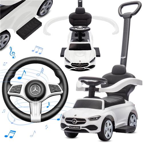 Mercedes C-Class Kindervoertuig 4in1, loopauto met Claxon, Opbergruimte, Voetsteun, Duwstang, tot 2 jaar, max 27 kg, baby ride on (Wit)
