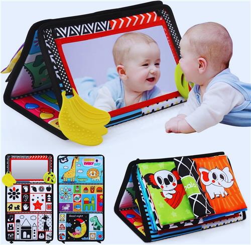 Babyspiegel Met Knisperboek - Educatief Speelgoed Voor Buikligging - Zwart-Wit Contrastpatroon - Opvouwbare Boeken - Perfect Cadeau Voor Baby's 0-9 Maanden
