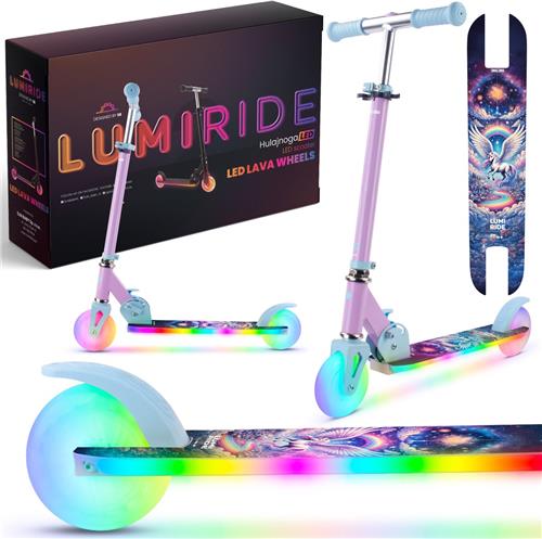 LUMI RIDE Kinderstep 2 wielen, Scooter voor kinderen vanaf 3 jaar, LED - 7 kleuren, 20 programmas - 3 niveaus stuurverstelling, voetrem, afneembare handvatten (Eenhoorn)