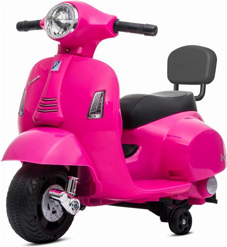 Vespa Elektrische motorfiets, kindermotorfiets met claxon, gaspedaal, licht, zijwielen (Fuchsia met rugleuning)