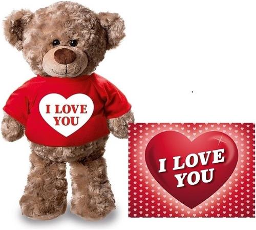 Knuffel teddybeer 24 cm met rood shirt I love you hartje - met Valentijnskaart A5 - Valentijn/ romantisch cadeau
