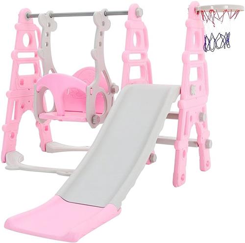 4-in-1 Kinderglijbaan & Schommelset  Peuter Klimmer met Basketbal Hoop | Veilig & Stevig | Indoor & Outdoor Speeltoestel voor Tuin & Speelkamer  Roze