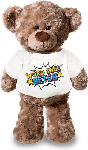 Word snel beter pluche teddybeer knuffel 24 cm met wit pop art t-shirt - word snel beter / cadeau knuffelbeer