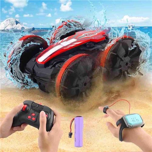 PolkaHome RC stuntauto met gebarensensor en 50 m afstandsbediening, amfibievoertuig voor kinderen vanaf 6 jaar, waterdicht, 80 minuten speeltijd